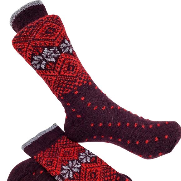 Garnet Hill Fair Isle Socks Sz 9-11 Warm Wool Cashmere Blend Crew Dk Maroon Red - Picture 1 of 6